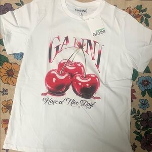 Ganni Kids White Tee with Red Cherry Design